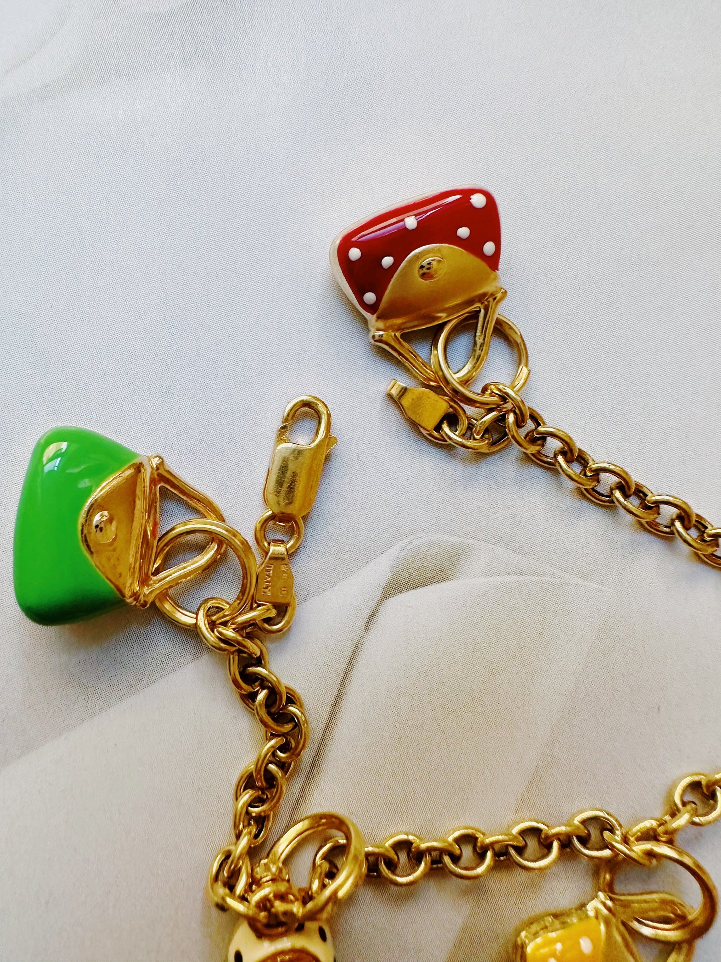 Whimsical 14 Carats Italian Yellow Gold Charm Enamel Bracelet