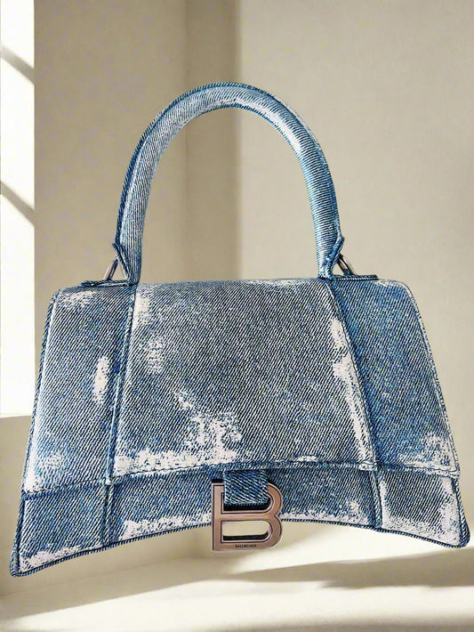 Balenciaga Denim-Effect Small Hourglass Handbag