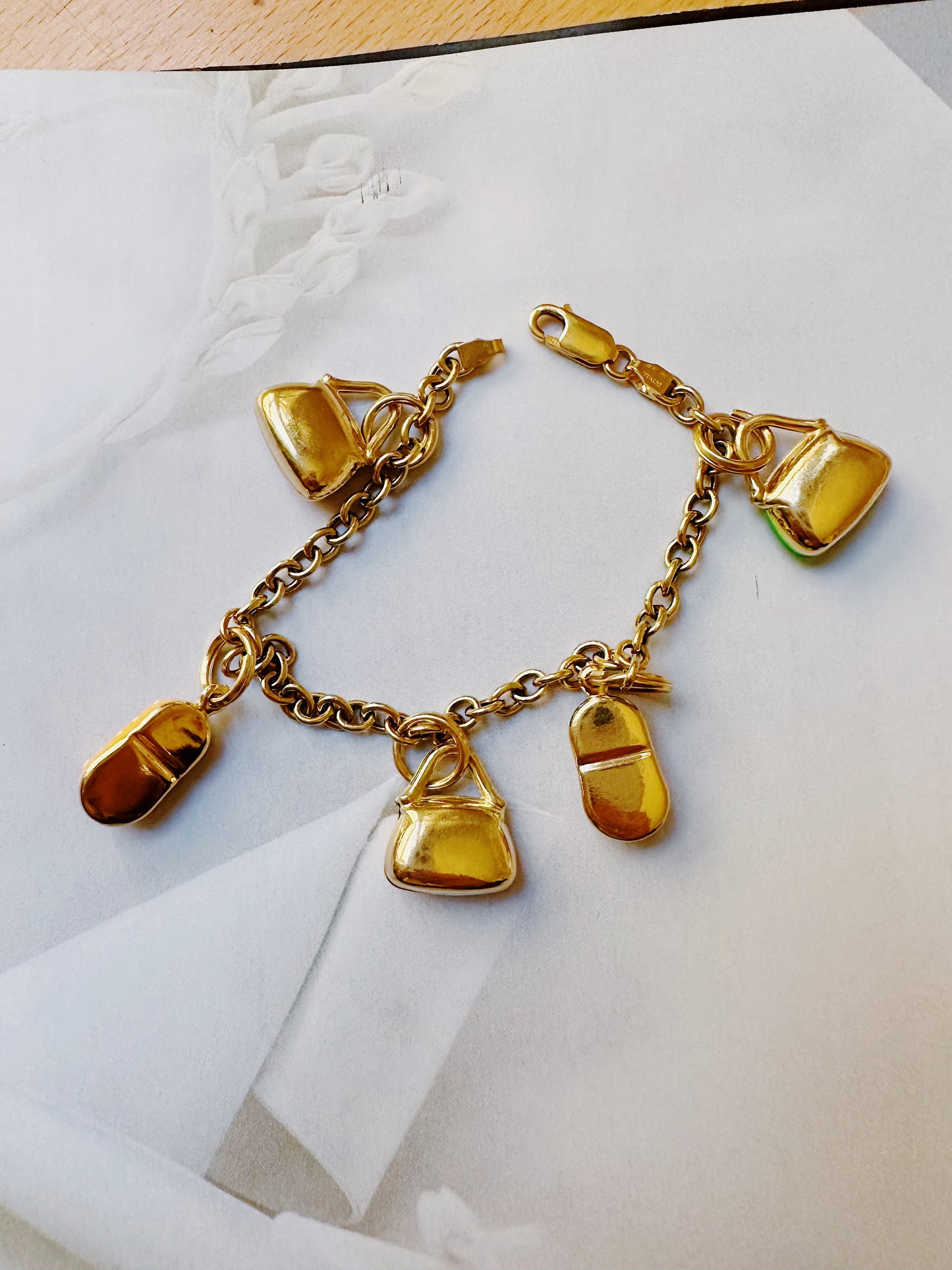 Whimsical 14 Carats Italian Yellow Gold Charm Enamel Bracelet