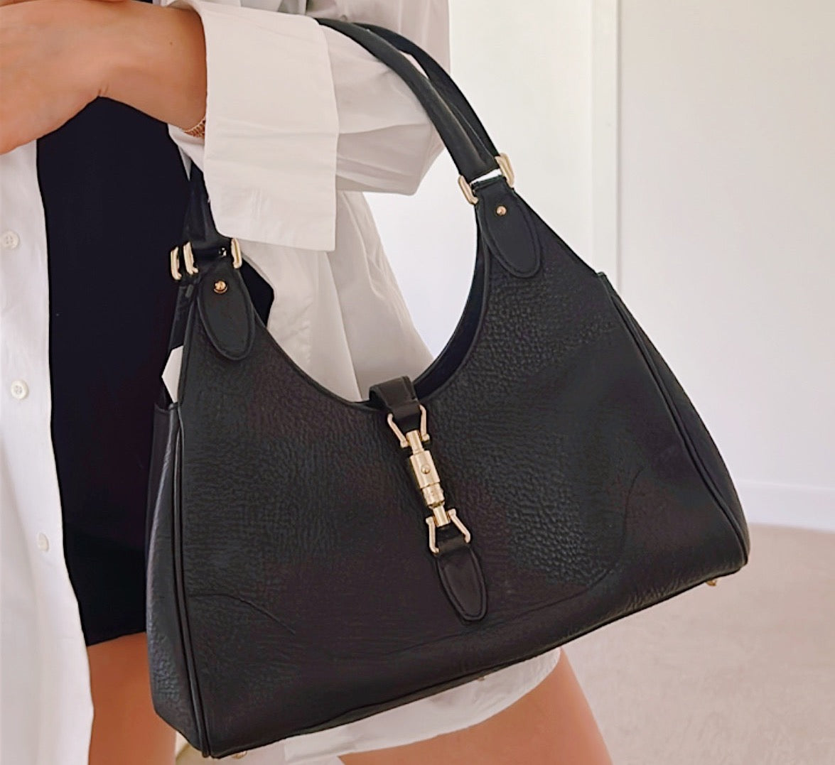 Vintage Gucci Jackie Bardot Handbag in Black Leather