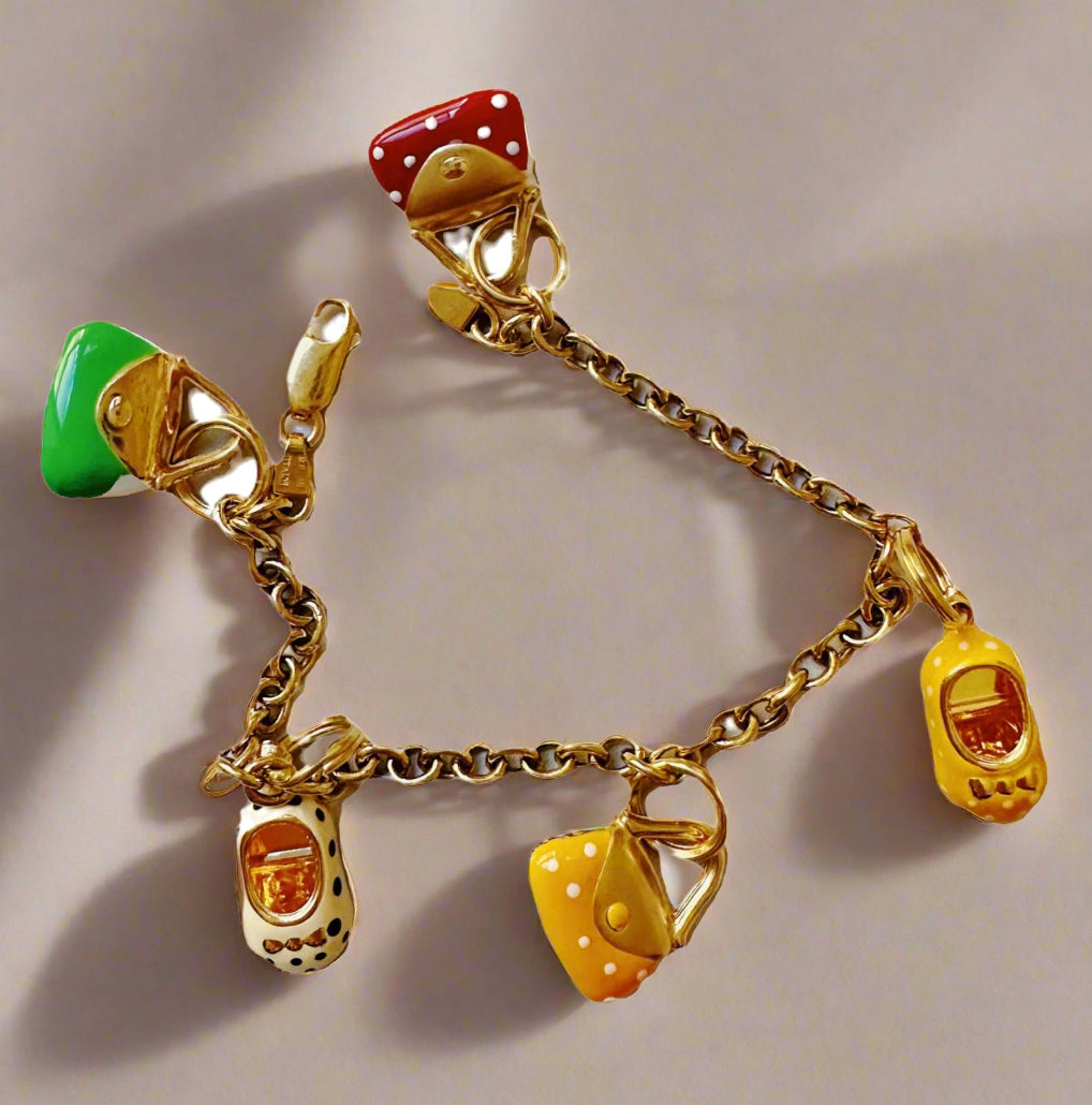 Whimsical 14 Carats Italian Yellow Gold Charm Enamel Bracelet