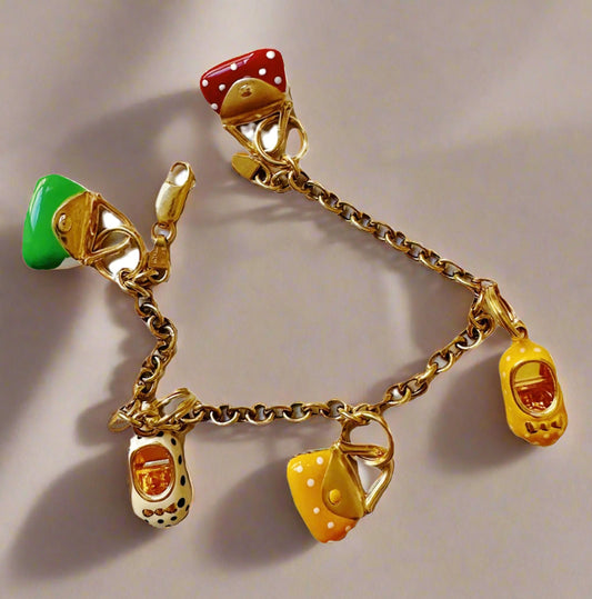 Whimsical 14 Carats Italian Yellow Gold Charm Enamel Bracelet